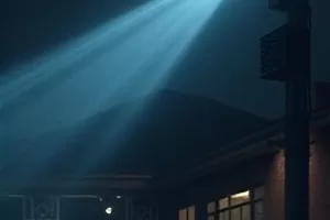 本期主推作品《灯下无眠》的雨夜街头剧照，橱窗灯光映在积水路面上